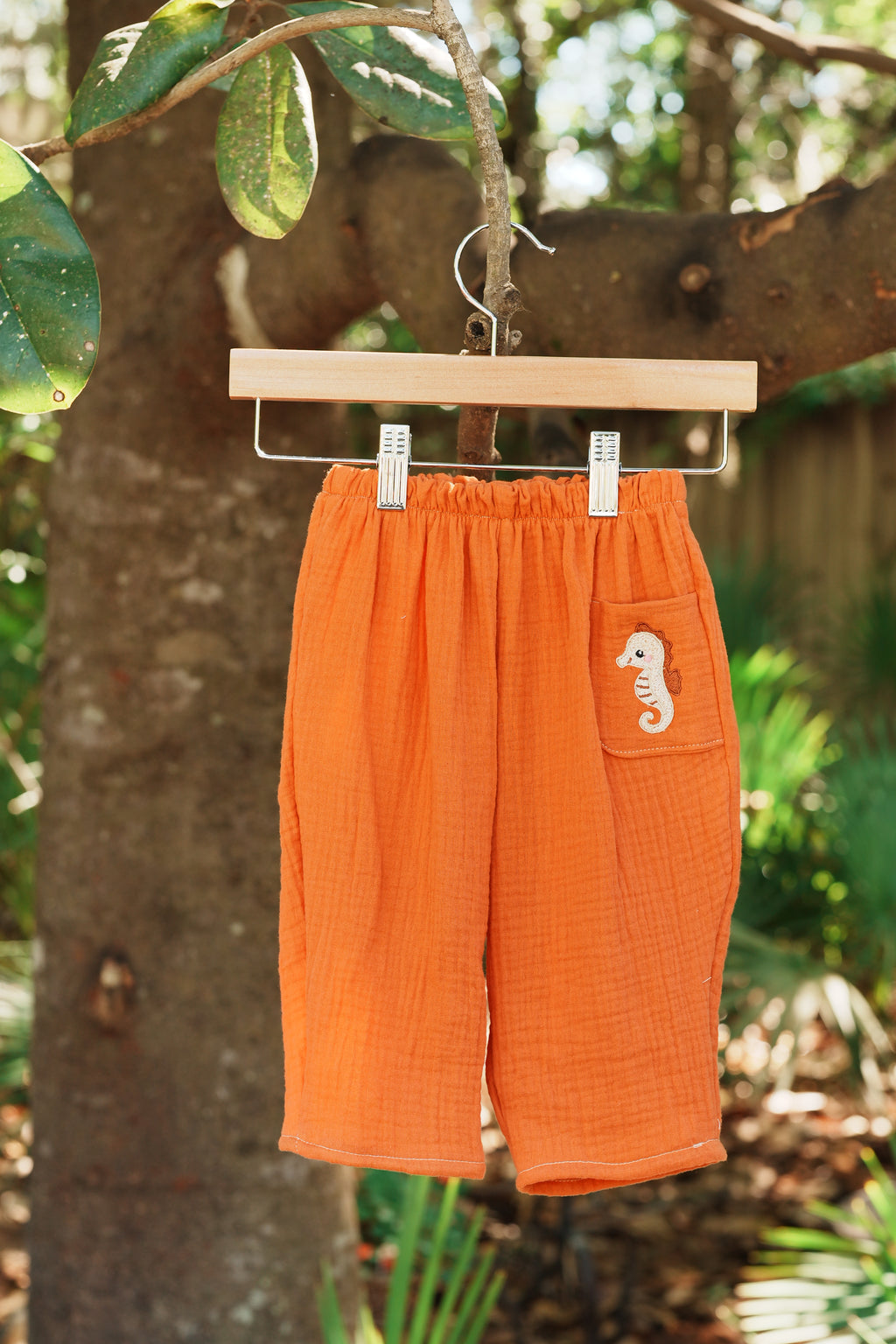 Baggy Kids Pants with Embroidered Seahorse Pocket