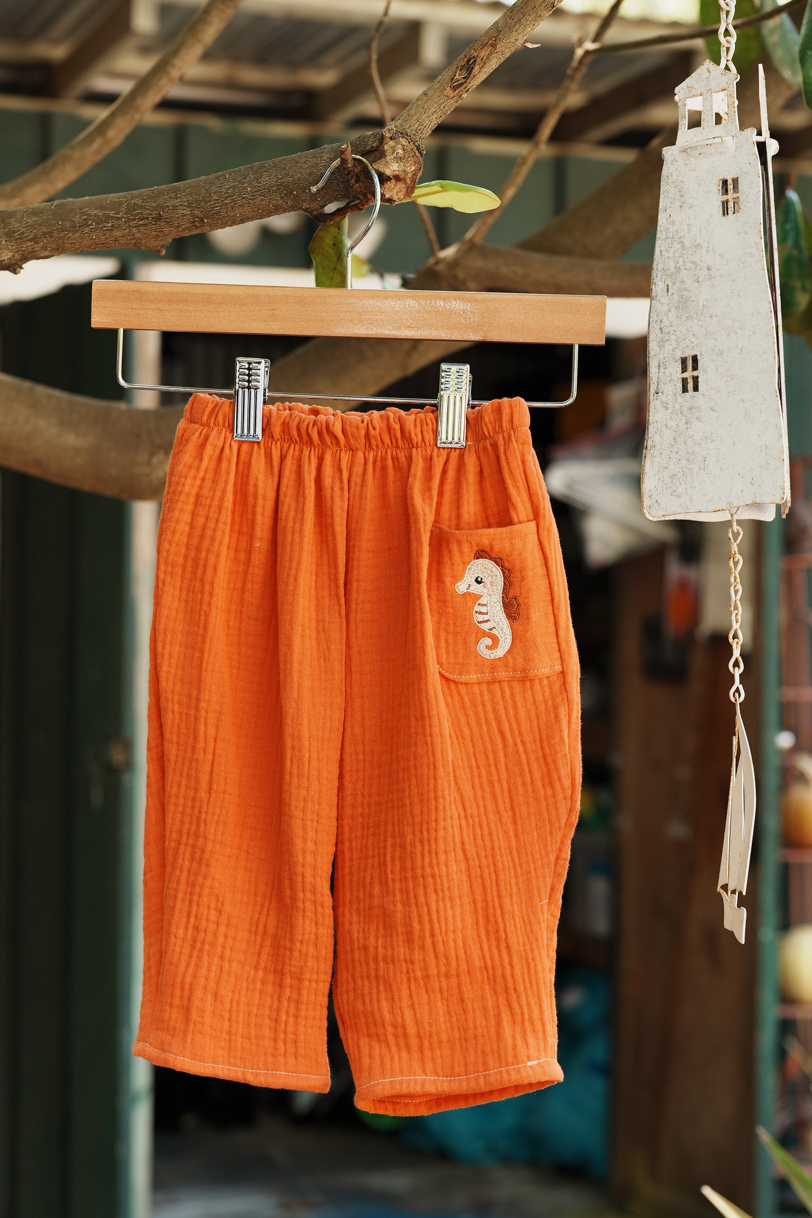 Baggy Kids Pants with Embroidered Seahorse Pocket