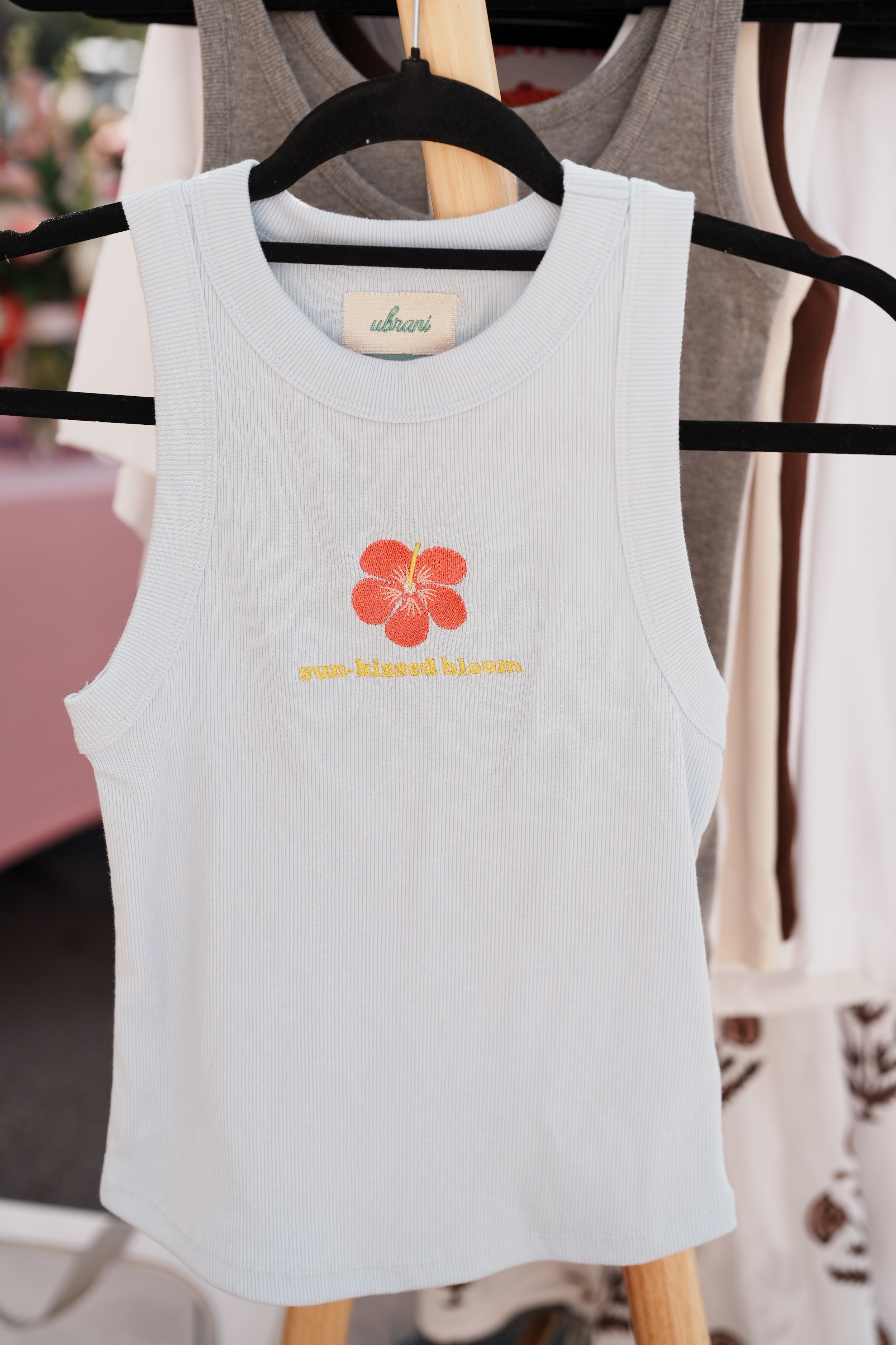 Ribbed Tank Top with Embroidered Hibiscus