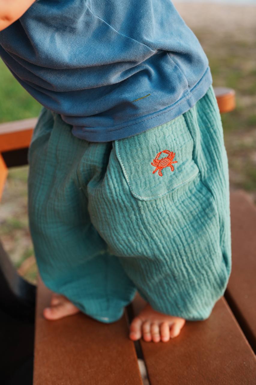 Baggy Kids Pants with Embroidered Crab Pocket