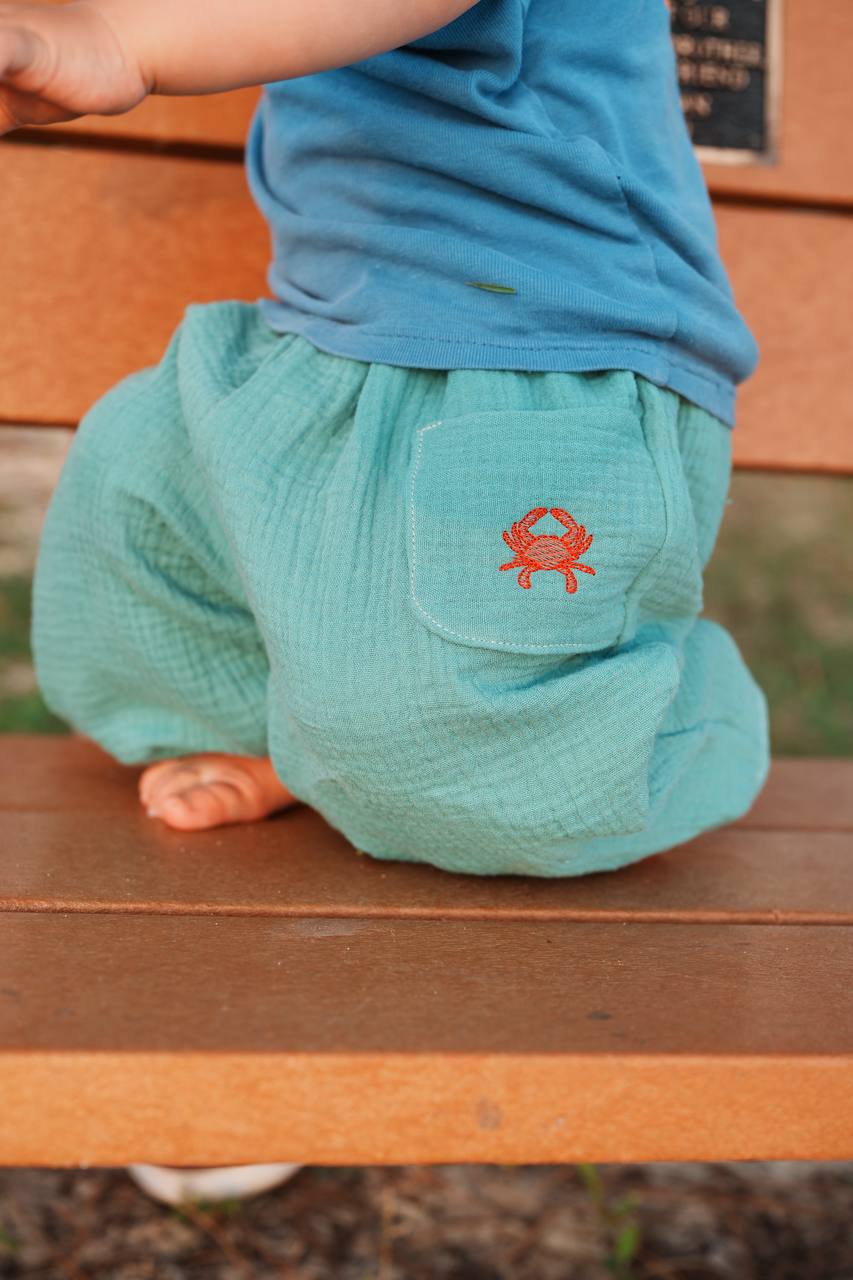 Baggy Kids Pants with Embroidered Crab Pocket