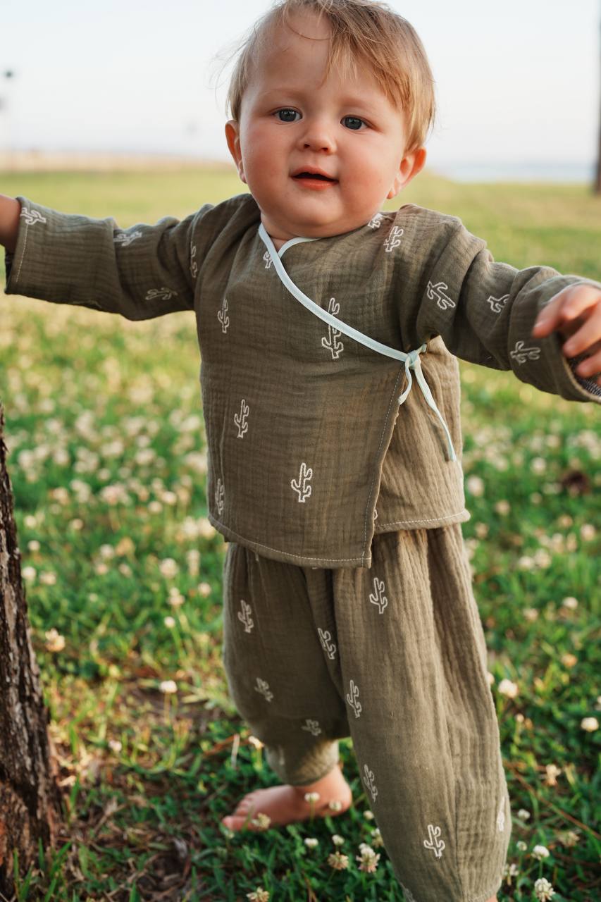 Kids Kimono Top - Olive Cactuses