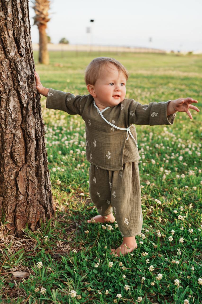 Kids Kimono Top - Olive Cactuses
