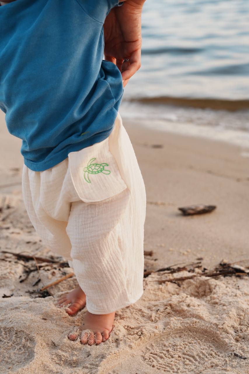 Baggy Kids Pants with Embroidered Turtle Pocket