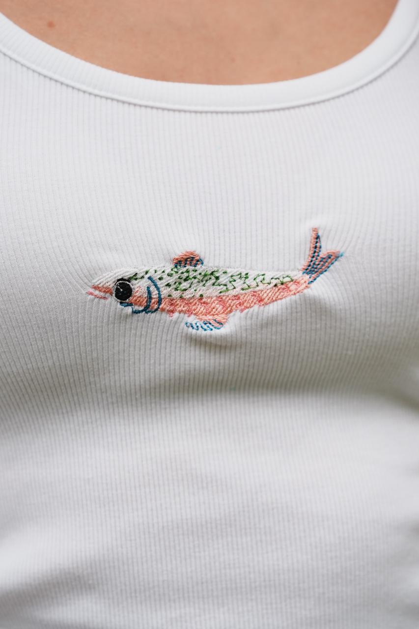 Ribbed Tank Top with Embroidered Fish
